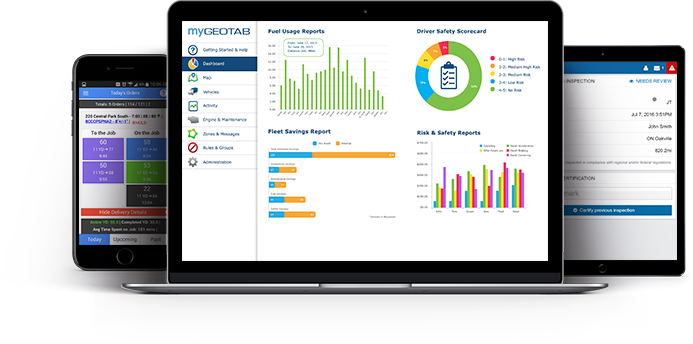 Smartphone, laptop and tablet featuring Geotab interface