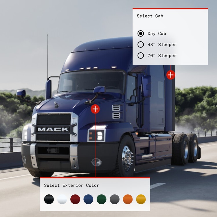 Mack Truck Builder tool showcasing customization options for color and cab size.