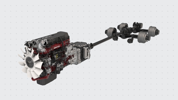 Mack’s integrated powertrain featuring the MP8 engine, transmission, and rear axle, designed for optimal performance