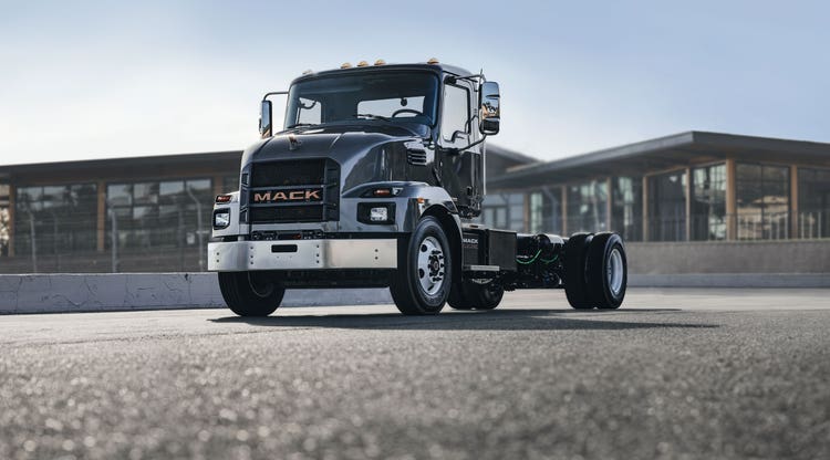 Front view of the Mack MD Electric truck showcasing its design