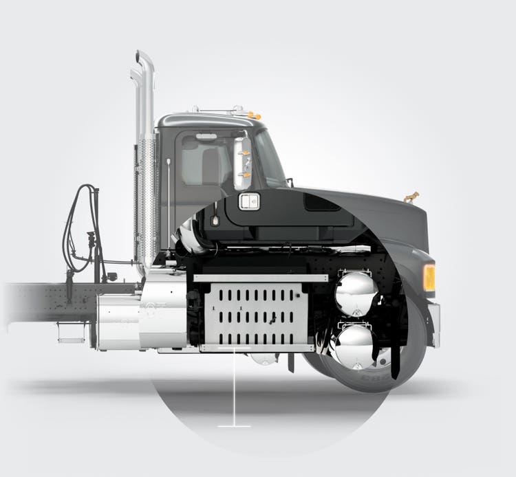 Side view of a Mack Pinnacle truck with closeup of ground clearance.