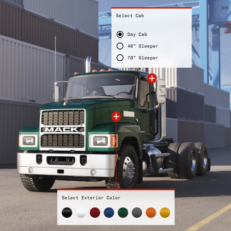 Mack Pinnacle Truck Builder tool to customize options for color and cab size.