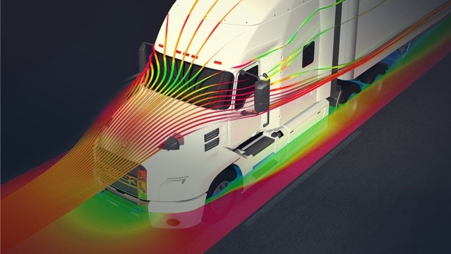 Video image still of a Mack Anthem in a simulated aerodynamic test.